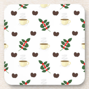 Coffee Pattern with Beans, Cups, and Coffee trees Beverage Coaster