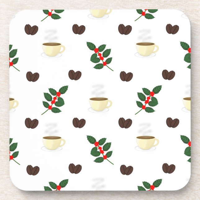 Coffee Pattern with Beans, Cups, and Coffee trees Beverage Coaster (Front)