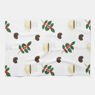 Coffee Pattern with Beans, Cups, and Coffee trees Kitchen Towel