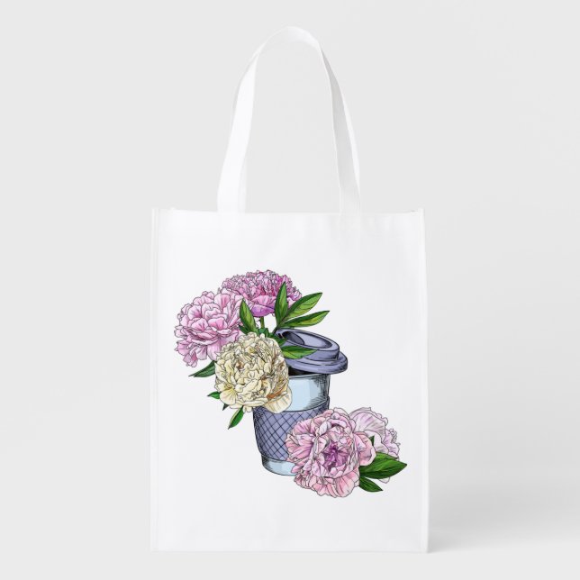 Coffee & Peonies Grocery Bag (Front)