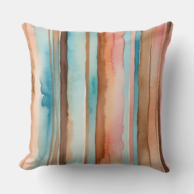 Coffee Pink Peach and Turquoise stripes Throw Pillow (Front)