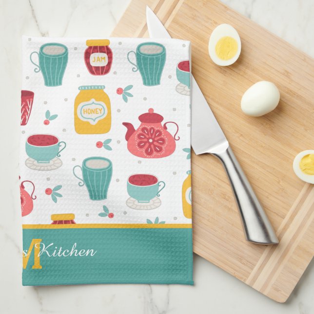 Coffee Pot, Jam, Honey Pattern Monogram Kitchen Towel (Quarter Fold)