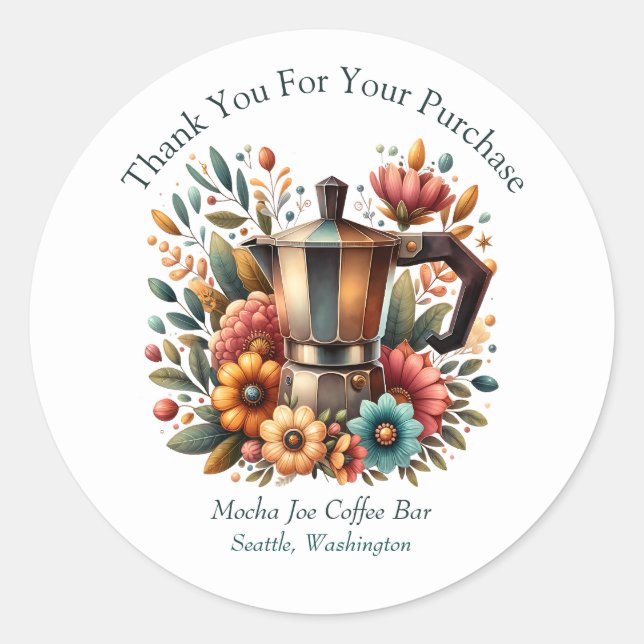 Coffee Pot Thank You For Your Purchase Business Classic Round Sticker (Front)