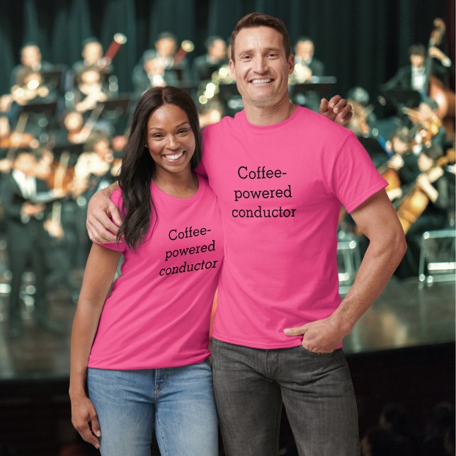 Coffee-Powered Conductor Musician's Humorous T-Shirt (A t-shirt with 'Coffee-powered conductor' slogan, for musical directors, band leaders and conductors)