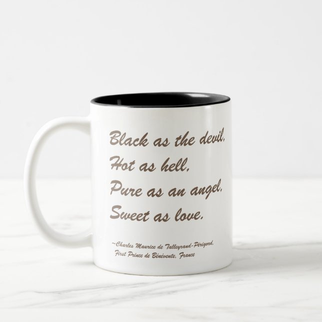 Coffee Quote: Black as the Devil Two-Tone Coffee Mug (Left)