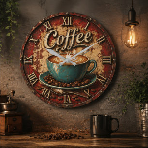 Coffee Rustic Farmhouse Bar Vintage Kitchen  Large Clock