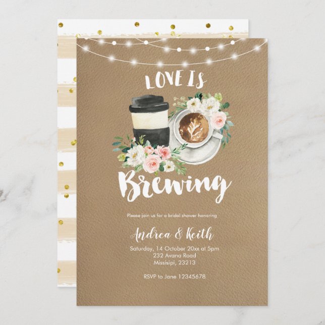 Coffee Rustic Kraft Love is Brewing Bridal Shower Invitation (Front/Back)