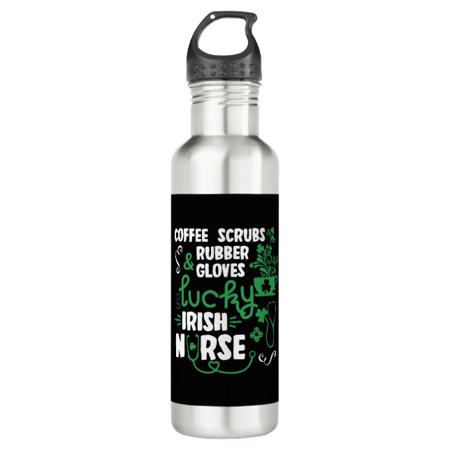 Coffee Scrubs and Rubber Gloves Lucky Irish Nurse Stainless Steel Water Bottle (Front)