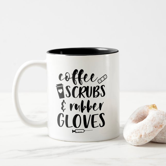 Coffee scrubs rubber gloves word art monogram Two-Tone coffee mug (With Donut)