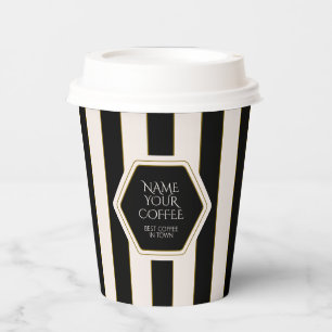 Coffee Shop Black and Cream Stripes with Gold Paper Cups