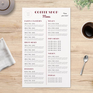 Coffee Shop Cafe Diner Minimalist Double Sided Menu