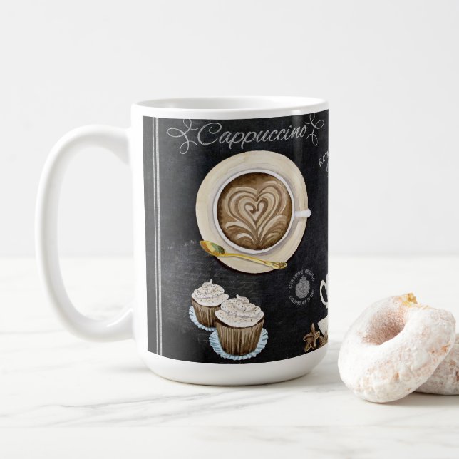Coffee Shop Chalkboard Typography Cappuccino Heart Coffee Mug (With Donut)
