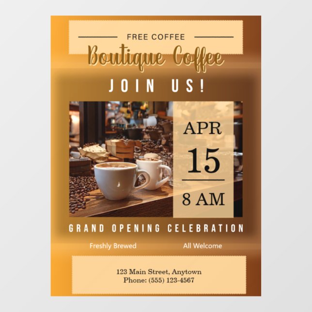 Coffee Shop Grand Opening Announcement Window Cling (Sheet)