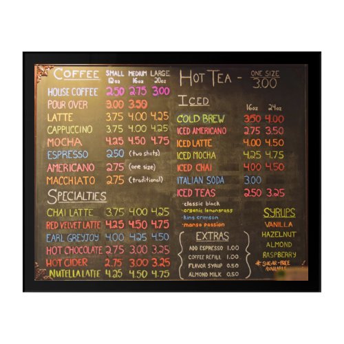 Coffee Shop Menu Board  _  Acrylic Print