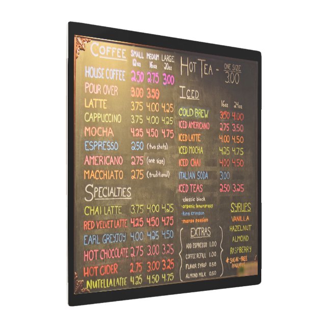 Coffee Shop Menu Board  -  Metal Wall Art (Angled)