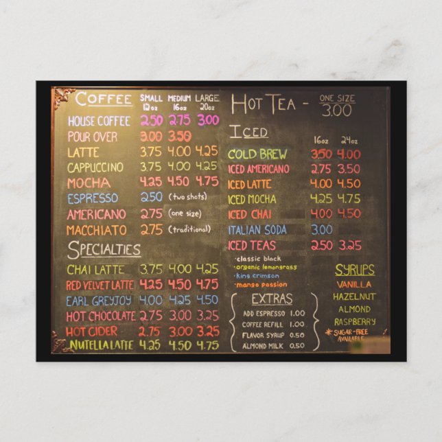 Coffee Shop Menu Board  -  Postcard (Front)