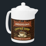 Coffee Shop Mug Create Your Own Custom Teapot<br><div class="desc">This coffee-themed teapot is perfect for anyone who runs their own coffee shop or has a coffee theme in their home kitchen decor. Done in retro brown, orange, beige and yellow, this espresso / cappuccino inspired design features a cup on a saucer, two personalized text banners and the words "Coffee...</div>
