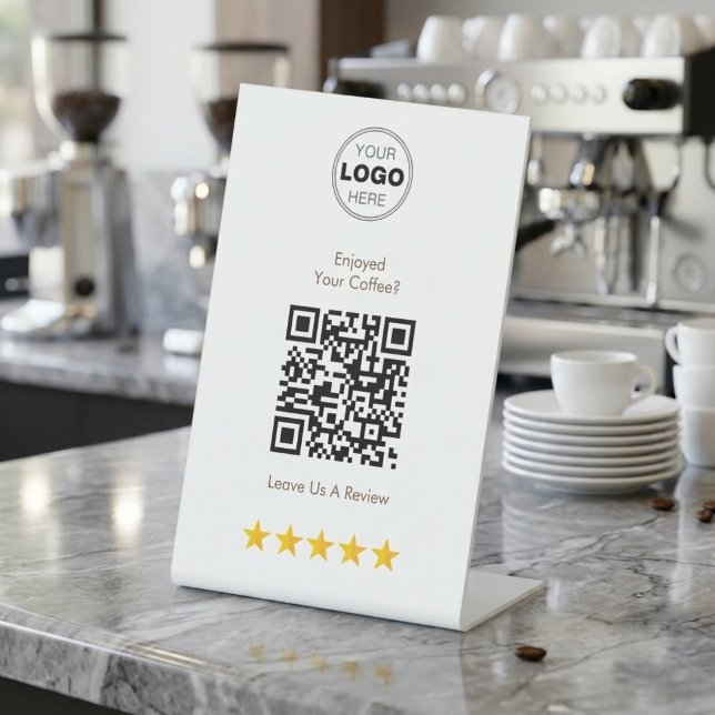 Coffee Shop Review QR Code Pedestal Sign (Modern white L-shaped pedestal sign with a QR code and five gold stars for customer reviews.)
