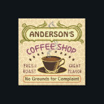 Coffee Shop with Cup Create Your Own Personalized Canvas Print<br><div class="desc">This coffee-themed wrapped canvas wall decoration is perfect for anyone who runs their own coffee shop or has a coffee theme in their home kitchen decor. Done in retro brown, green, purple and hints of orange, this espresso / cappuccino inspired design features a cup on a saucer, two personalized text...</div>