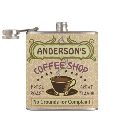 Coffee Shop with Cup Create Your Own Personalized Hip Flask