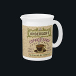 Coffee Shop with Cup Create Your Own Personalized Pitcher<br><div class="desc">This coffee-themed pitcher is perfect for anyone who runs their own coffee shop or has a coffee theme in their home kitchen decor. Done in retro brown, green, purple and hints of orange, this espresso / cappuccino inspired design features a cup on a saucer, two personalized text banners and the...</div>