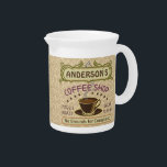Coffee Shop with Cup Create Your Own Personalized Pitcher<br><div class="desc">This coffee-themed pitcher is perfect for anyone who runs their own coffee shop or has a coffee theme in their home kitchen decor. Done in retro brown, green, purple and hints of orange, this espresso / cappuccino inspired design features a cup on a saucer, two personalized text banners and the...</div>