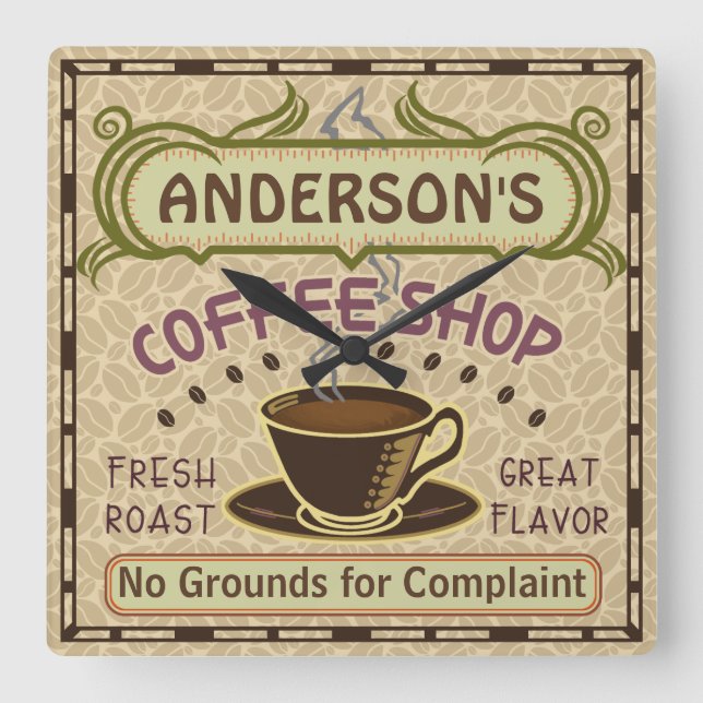 Coffee Shop with Cup Create Your Own Personalized Square Wall Clock (Front)