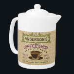 Coffee Shop with Cup Create Your Own Personalized Teapot<br><div class="desc">This coffee-themed teapot is perfect for anyone who runs their own coffee shop or has a coffee theme in their home kitchen decor. Done in retro brown, green, purple and hints of orange, this espresso / cappuccino inspired design features a cup on a saucer, two personalized text banners and the...</div>