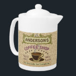 Coffee Shop with Cup Create Your Own Personalized Teapot<br><div class="desc">This coffee-themed teapot is perfect for anyone who runs their own coffee shop or has a coffee theme in their home kitchen decor. Done in retro brown, green, purple and hints of orange, this espresso / cappuccino inspired design features a cup on a saucer, two personalized text banners and the...</div>