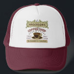 Coffee Shop with Cup Create Your Own Personalized Trucker Hat<br><div class="desc">This coffee-themed hat is perfect for anyone who runs their own coffee shop or loves a coffee theme. Done in retro brown, green, purple and hints of orange, this espresso / cappuccino inspired design features a cup on a saucer, two personalized text banners and the words "Coffee Shop / Fresh...</div>