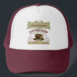 Coffee Shop with Cup Create Your Own Personalized Trucker Hat<br><div class="desc">This coffee-themed hat is perfect for anyone who runs their own coffee shop or loves a coffee theme. Done in retro brown, green, purple and hints of orange, this espresso / cappuccino inspired design features a cup on a saucer, two personalized text banners and the words "Coffee Shop / Fresh...</div>