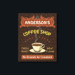 Coffee Shop with Mug Create Your Own Personalized Canvas Print<br><div class="desc">This coffee-themed rectangular wrapped canvas wall decoration is for anyone who runs their own coffee shop or has a coffee theme in their home kitchen decor. Done in retro brown, orange, beige and yellow, this espresso / cappuccino inspired design features a cup on a saucer, two personalized text banners and...</div>