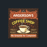 Coffee Shop with Mug Create Your Own Personalized Canvas Print<br><div class="desc">This coffee-themed wrapped canvas wall decoration is perfect for anyone who runs their own coffee shop or has a coffee theme in their home kitchen decor. Done in retro brown, orange, beige and yellow, this espresso / cappuccino inspired design features a cup on a saucer, two personalized text banners and...</div>