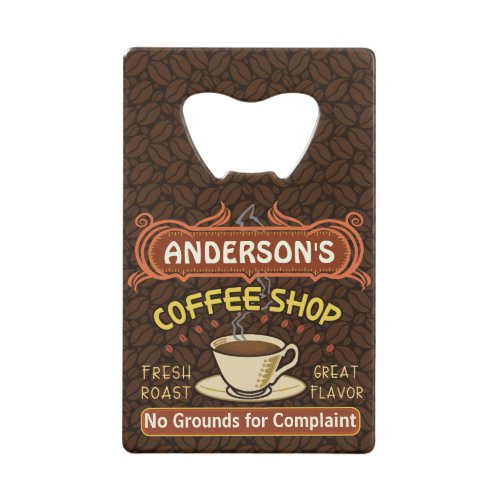 Coffee Shop with Mug Create Your Own Personalized Credit Card Bottle Opener