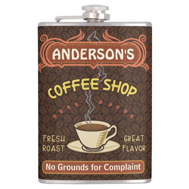 Coffee Shop with Mug Create Your Own Personalized Hip Flask (Front)
