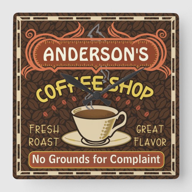 Coffee Shop with Mug Create Your Own Personalized Square Wall Clock (Front)