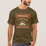 Coffee Shop with Mug Create Your Own Personalized T-Shirt<br><div class="desc">This coffee-themed t-shirt is perfect for anyone who runs their own coffee shop or loves a coffee theme. Done in retro brown, orange, beige and yellow, this espresso / cappuccino inspired design features a cup on a saucer, two personalized text banners and the words "Coffee Shop / Fresh Roast /...</div>