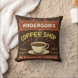 Coffee Shop with Mug Create Your Own Personalized Throw Pillow<br><div class="desc">This coffee-themed square throw pillow is perfect for anyone who runs their own coffee shop or has a coffee theme in their home or kitchen decor. Done in retro brown, orange, beige and yellow, this espresso / cappuccino inspired design features a cup on a saucer, two personalized text banners and...</div>