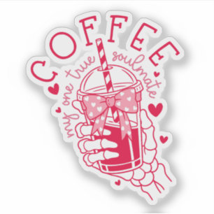 Coffee Soulmate Red Hearts Skeleton Hand Sticker
