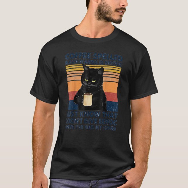 Coffee Spelled Backwards Is Eeffoc Cat Drinking Vi T-Shirt (Front)