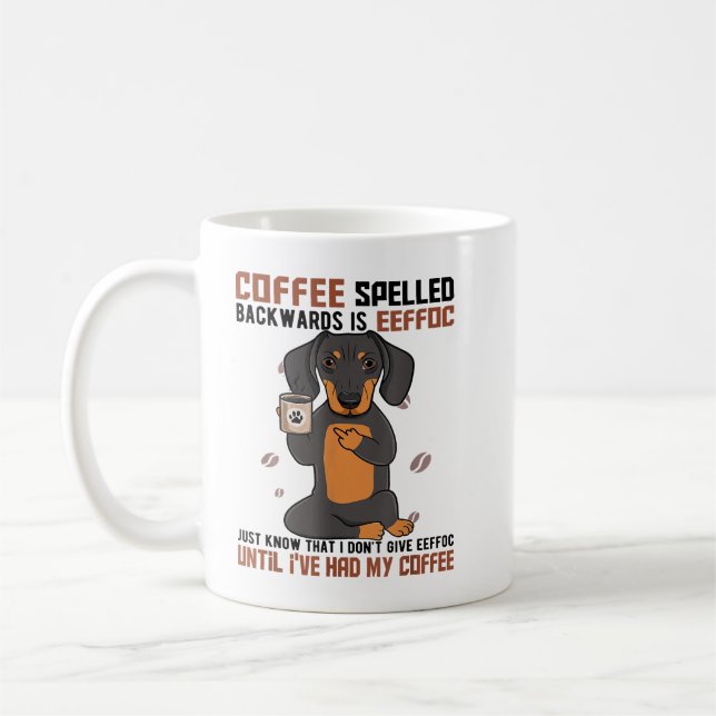 COFFEE Spelled Backwards is EEFFOC Doberman Drinki Coffee Mug (Left)