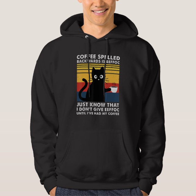 Coffee Spelled Backwards Is Eeffoc Funny Black Cat Hoodie (Front)