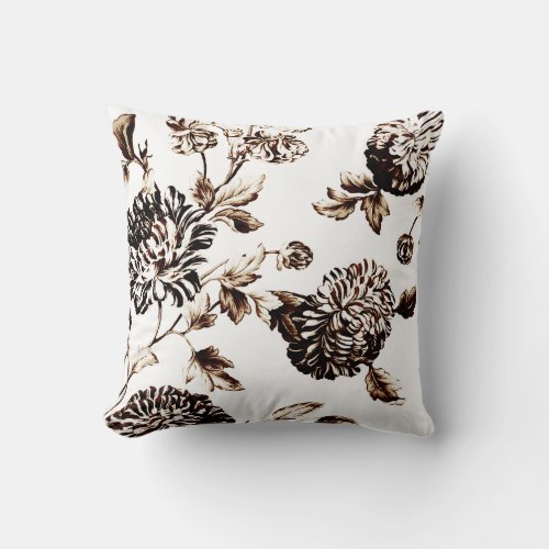 Coffee Stain Vintage Botanical Floral Toile Throw Pillow