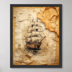 Coffee stained collage sail ship framed art