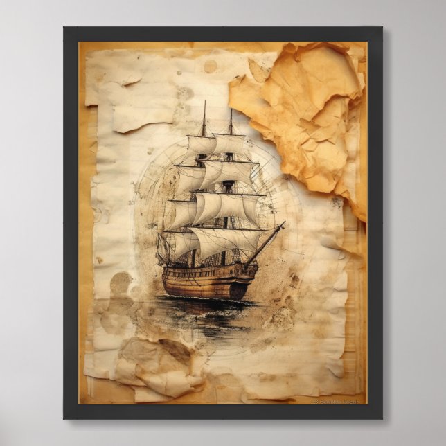 Coffee stained collage sail ship framed art (Framed Front)
