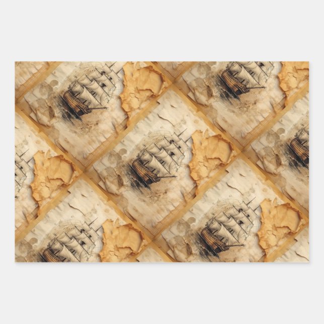 Coffee stained collage sail wrapping paper sheets (Front)