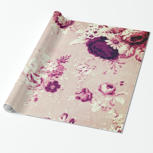 Coffee Stained Pink Vintage Floral Toile Fabric Wrapping Paper