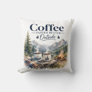 Coffee Tastes Better Outside Mountain Campfire Throw Pillow