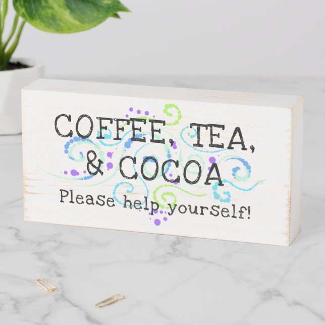 Coffee Tea Cocoa Pretty Swirls Wood Box Sign (In Situ Horizontal)