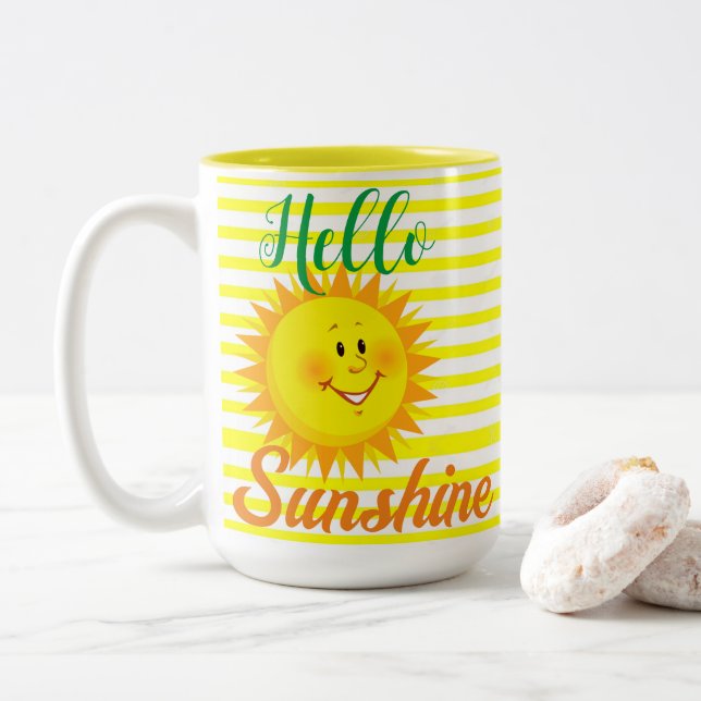 Coffee Tea Mugs, Hello Sunshine Sun Stripes  Two-Tone Coffee Mug (With Donut)